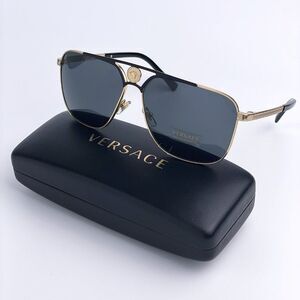 NEW Versace VE2238 143687 Gold Matte Black Gray Rectangle Metal Men Sunglasses